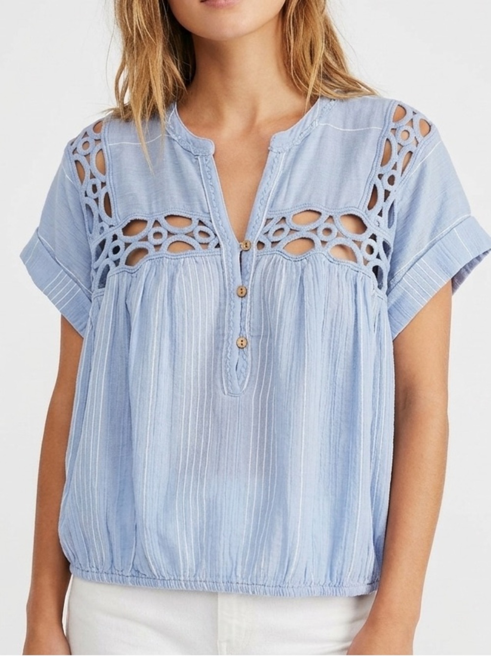 Free People Cedar Blue Lace Pullover Top Blouse S Coastal Boho Chic